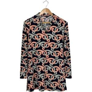 Brooks Brothers Navy Blue Pink Geo Swirl Print Stretch Tunic Top Blouse Large